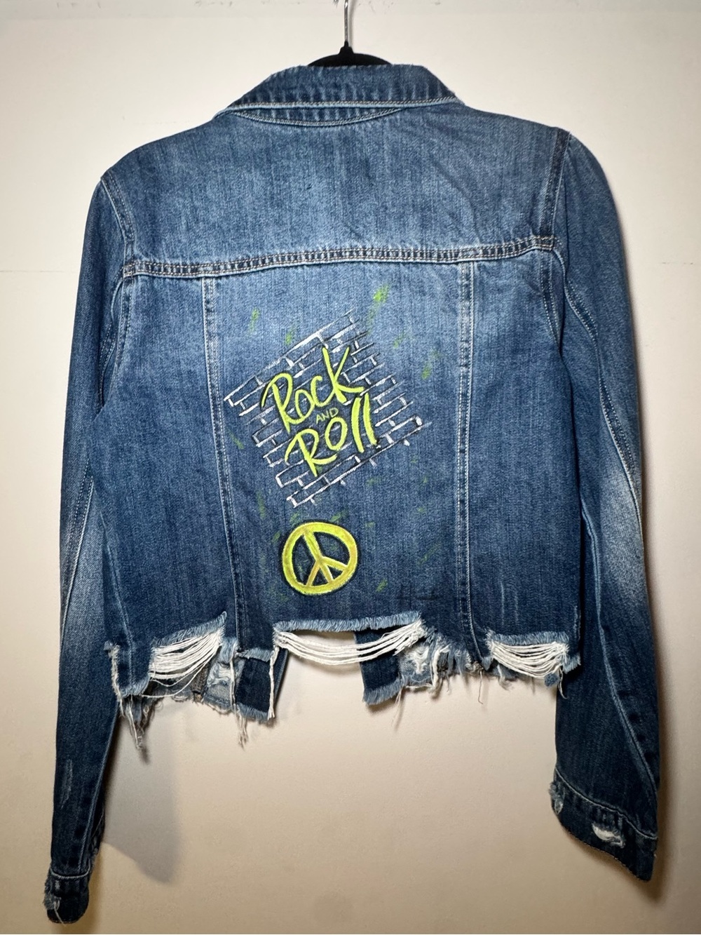 Woman’s Hand Painted Distressed Blue Denim Jacket with Rock & Roll Graphic